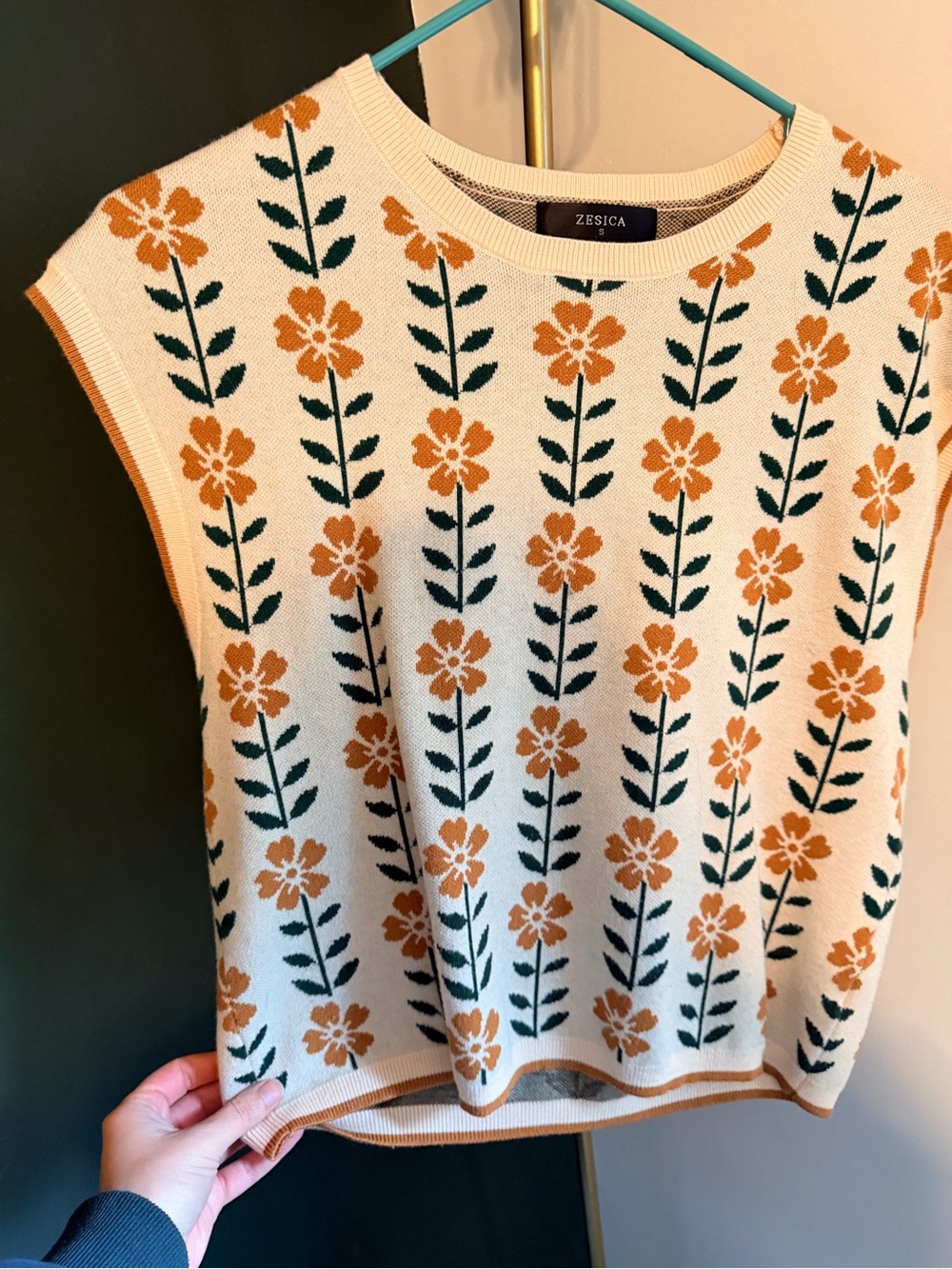 Zesica Cream Floral Knit Shell with Mustard and Green Pattern Vest